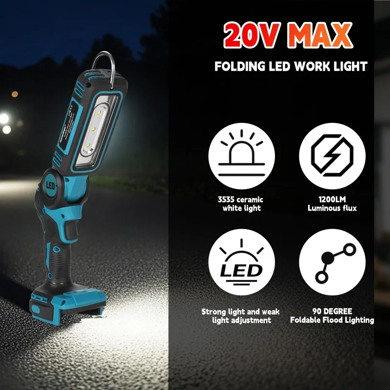 

Portable Wireless LED Work Light Handheld Floodlight Folding Flashlight with Hook for Makita/DeWalt/Milwaukee 18/20V Batteries