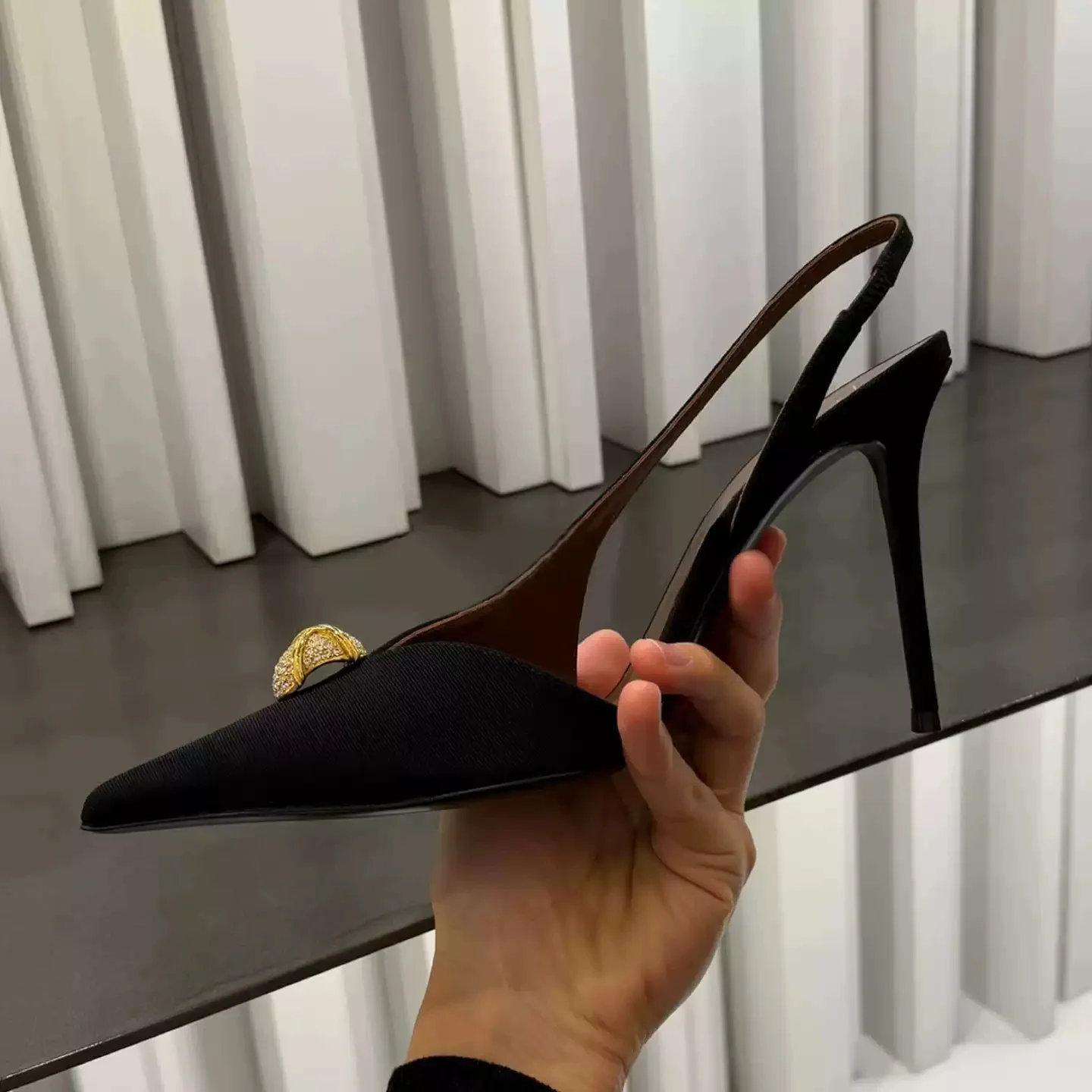 Minimalist Black Slingback Stiletto Heels Crystal Bee Womens Simple Chic Footwear Office Date Wedding Summer Daily Fashion Weary