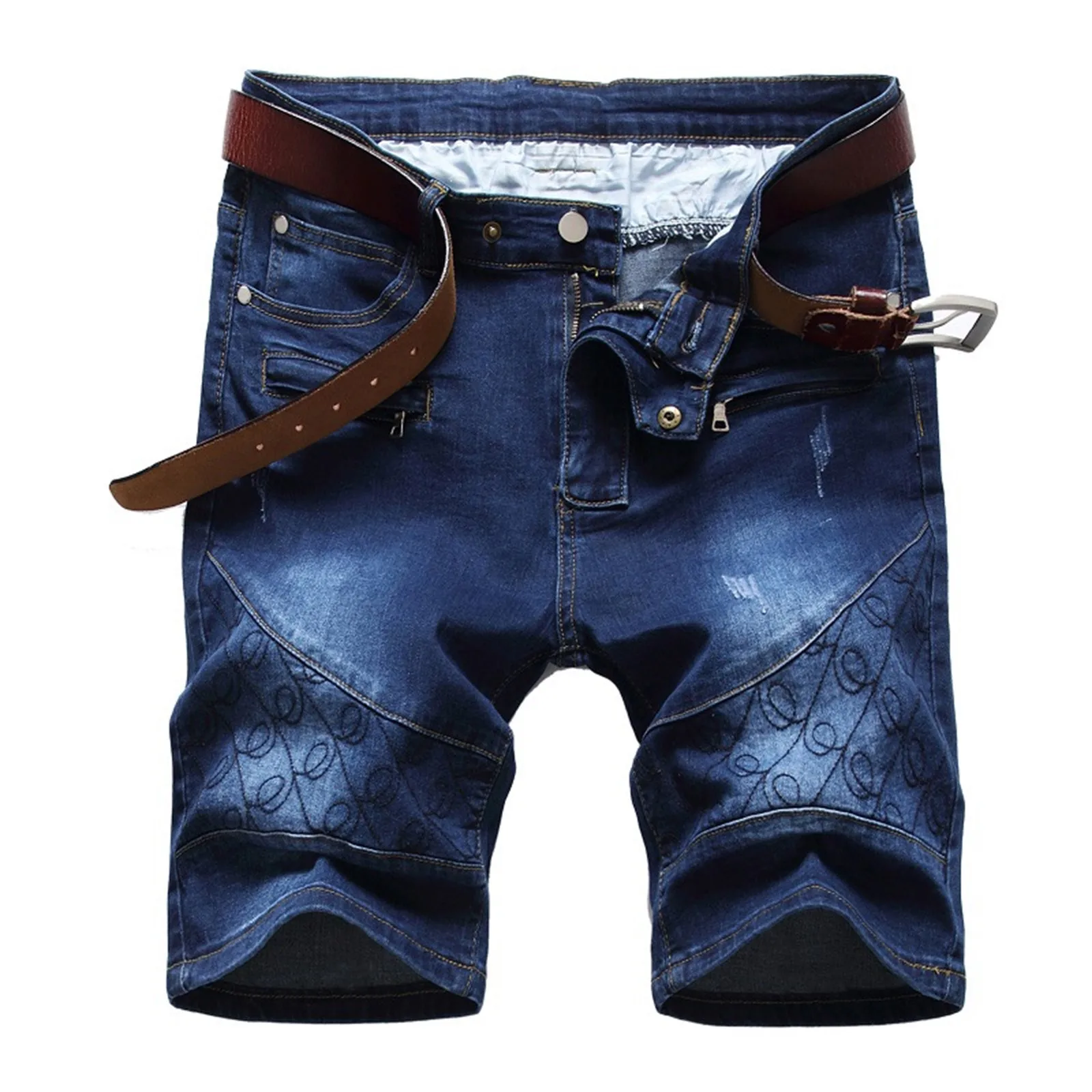 Retro Streetwear Men's Jeans Shorts Fashion Stretch Ripped Print Denim Pants Summer 2024 New Straight Knee-Length Denim Shorts