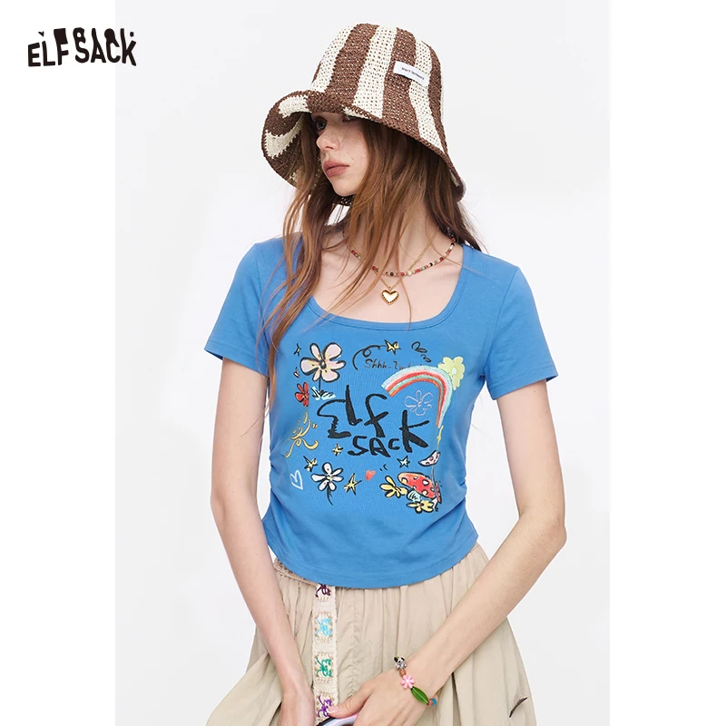 

ELFSACK Women's Graphic Print T-Shirt with Square Neck, Ruched Short Sleeve Slim Fit Tee, Casual Floral Top for Summer