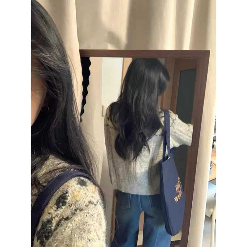 YIBASHU المرأة منقوشة الجولة الرقبة طويلة الأكمام سترة غير رسمية Y2K الأمريكية شارع العليا موضة ريترو 90s سترة تدفئة الملابس #3