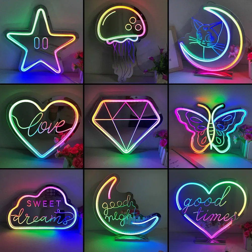 Bluetooth Mirror LED Neon Night Light Wall Neon Sign for Kids Room Home Party Bar Wedding Decoration Christmas Gift Neon Lamp