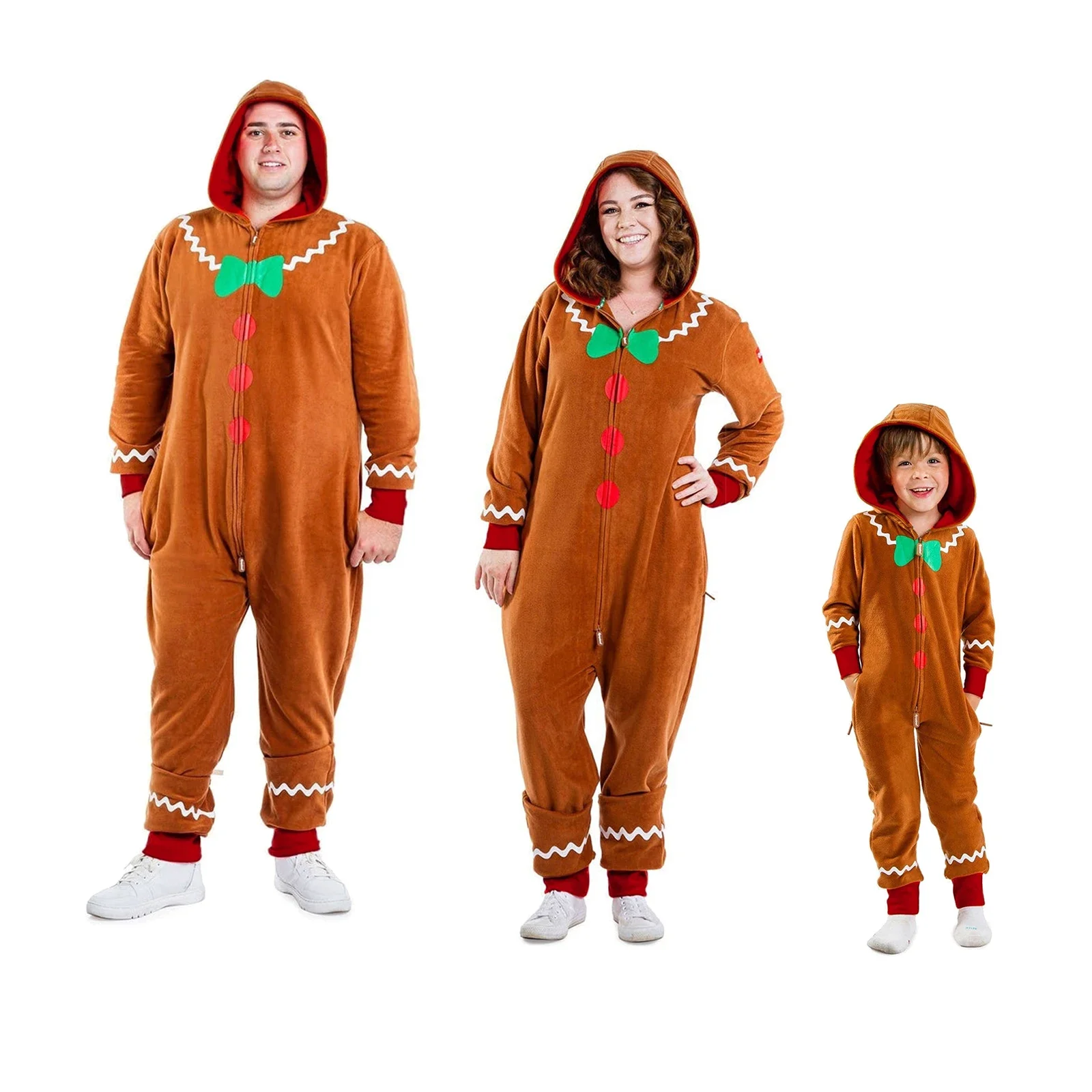

2024 Volwassen Kerstkostuum Peperkoek Lange Mouw Rits Capuchon Jumpsuit voor Mannen Vrouwen Feest Rollenspel Cosplay