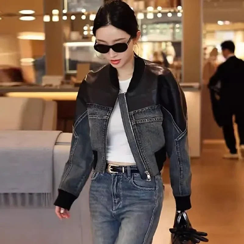 

Denim Stitching PU Leather Baseball Suit Jacket Outwear Women 2026 Spring Autumn New Chic Casual Short Biker Leather Jacket Tops