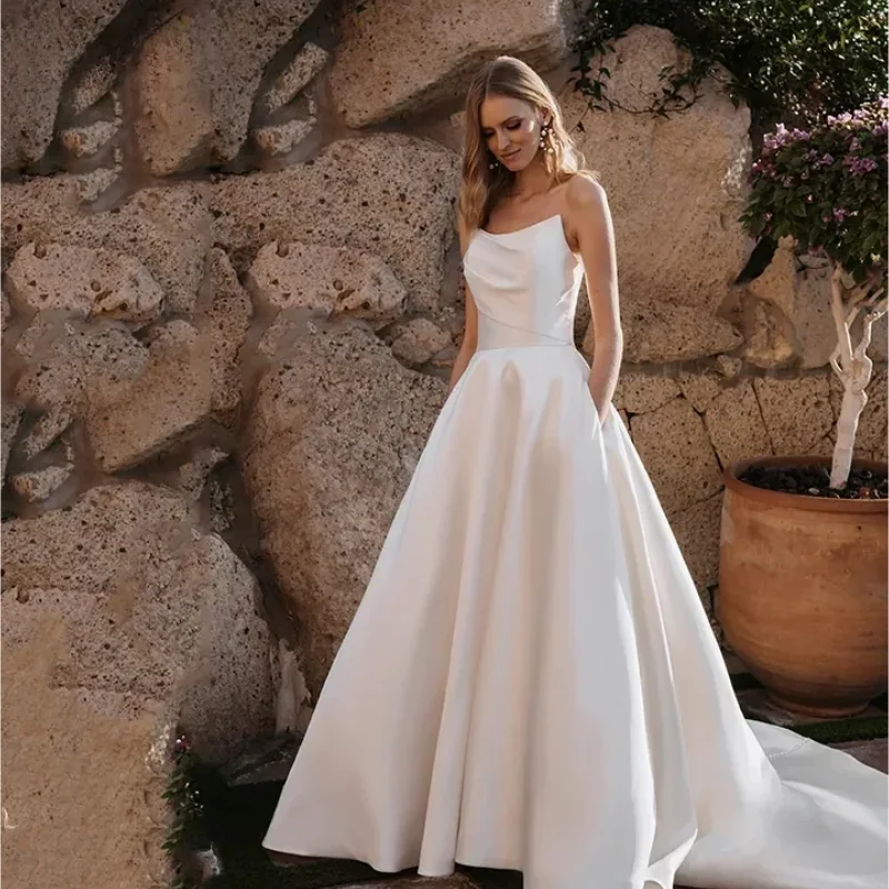 

Customize To Measure 2024 Scoop Neck Top Sleeveless Brides Gown Simple Pleat Button vestido de noiva Robe Mariee Floor Length