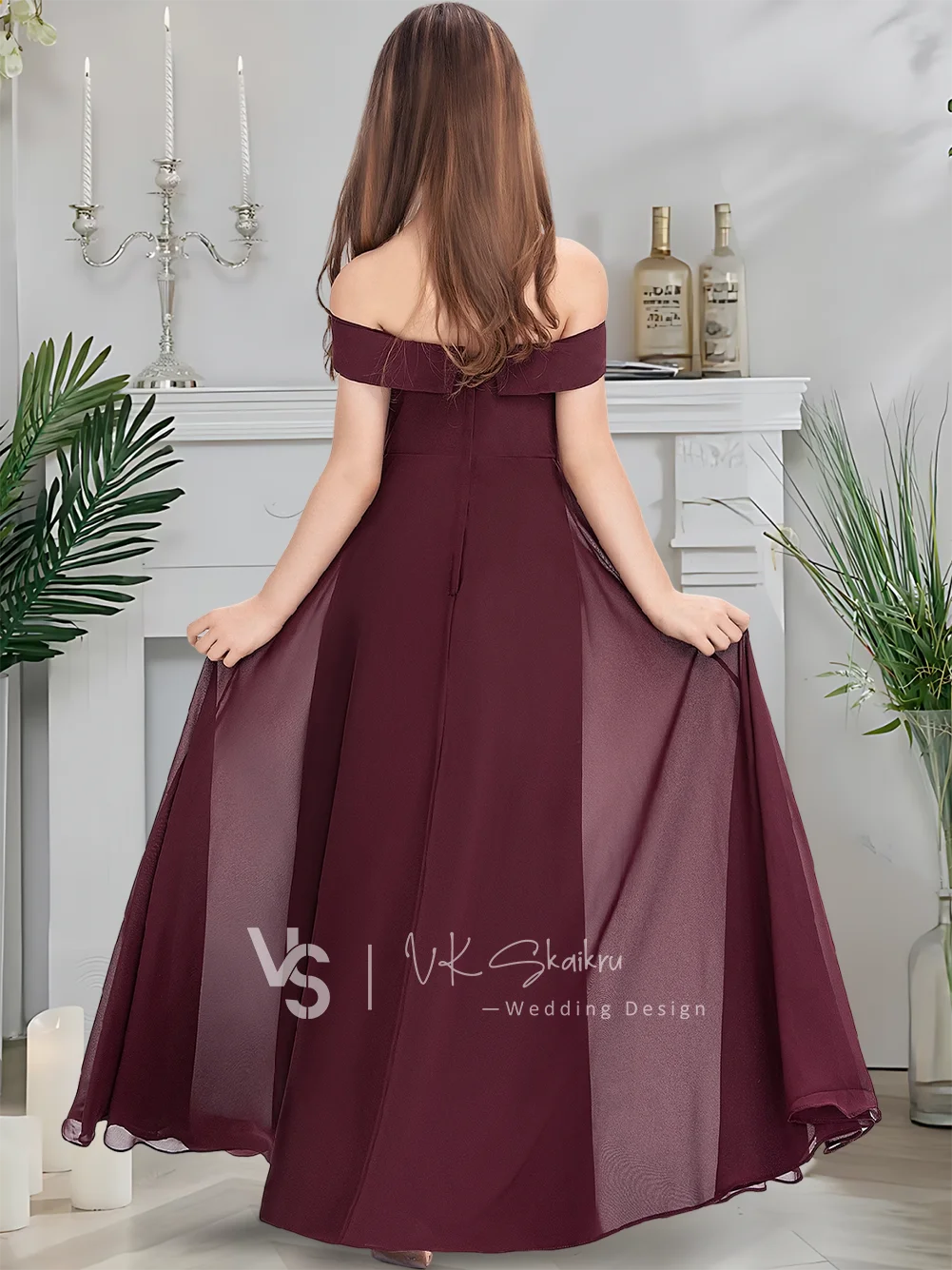 Ein A-Linie-Kleid für junge Brautjungfern, Blumenmädchenkleid, bodenlang, schulterfrei, ärmellos, Chiffon, für Mädchen, Hochzeit, Party, formell
