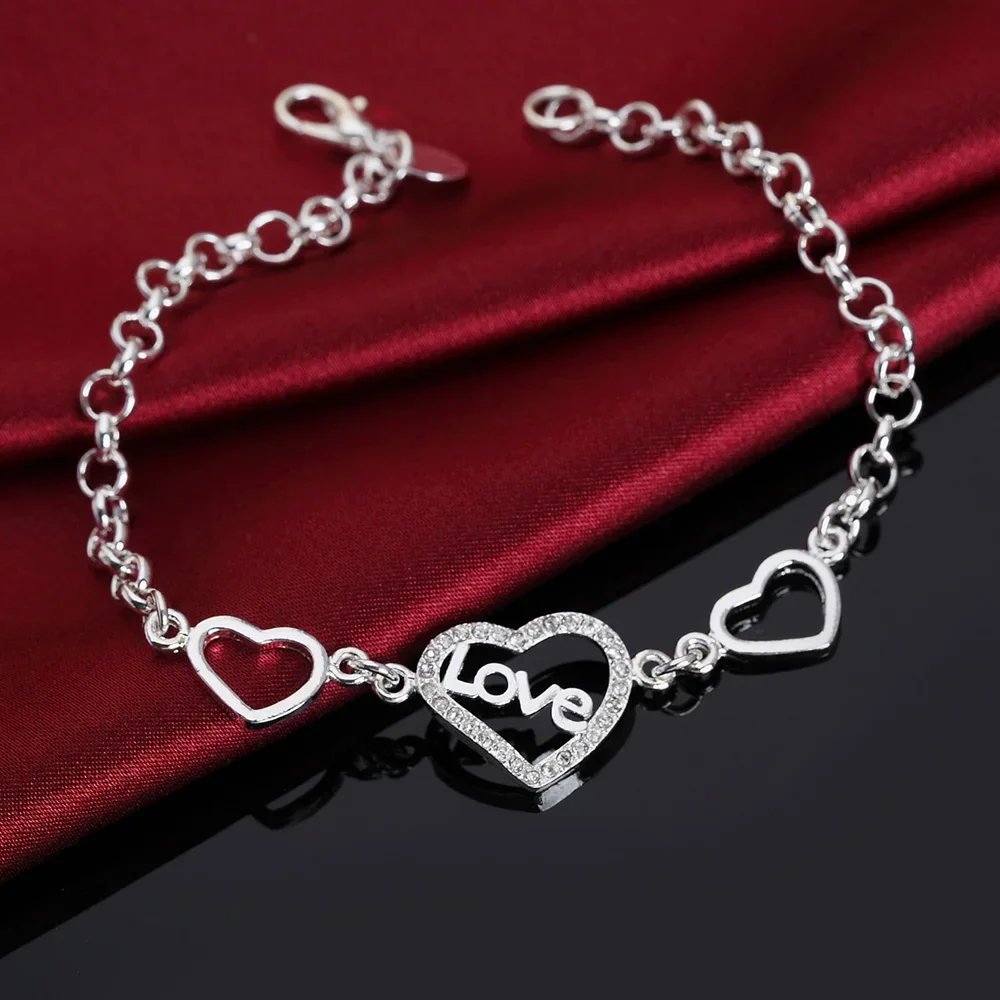 Hot Popular 925 Sterling Silver romantic crystal LOVE heart Bracelet for Women Fashion Wedding Party Christmas Gift fine Jewelry