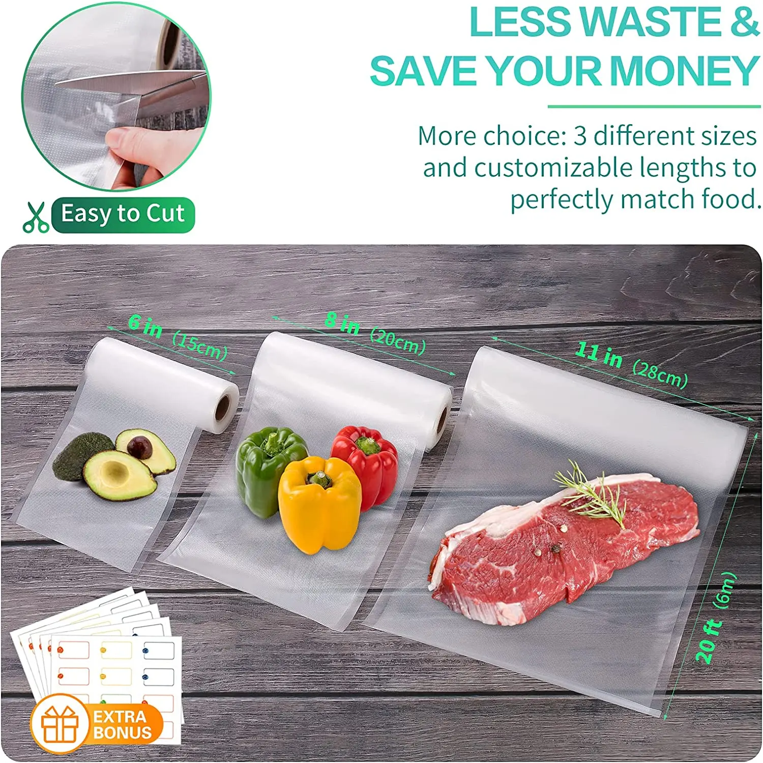 Sacs de cuisine pour scelleuse sous vide, sac de conservation sous vide, sac de scellage sous vide, emballage sous vide, 12/15/20/25/30 cm*500 cm