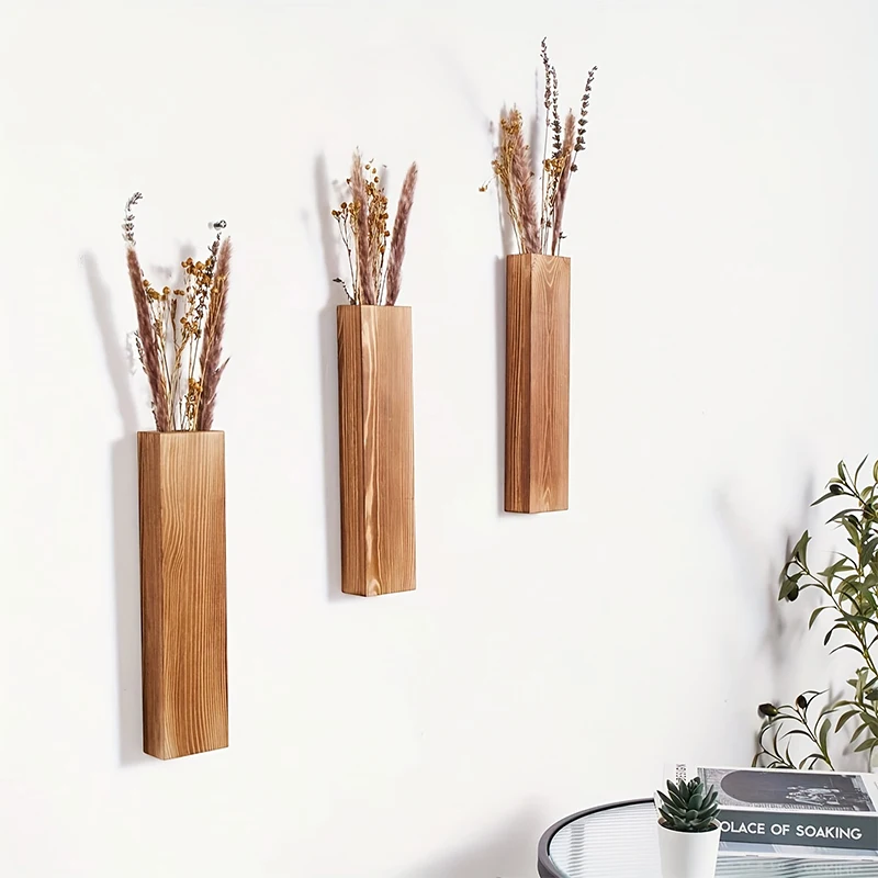 1/3 Wood Wall Vase Planter Decor For Artificial Flower Plants Wooden Plant Holder Wall Plant Pocket Vase Hanging For Living Room