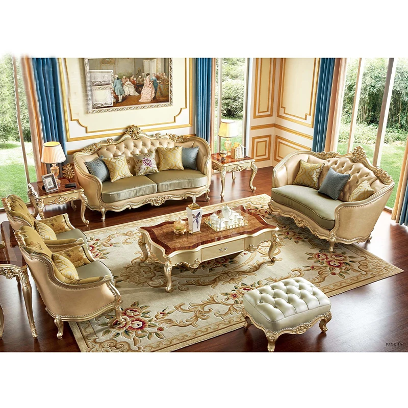 For Luxury European Design French Style Sofa Sets Living Room Sofa Carving Wood Frame Leather