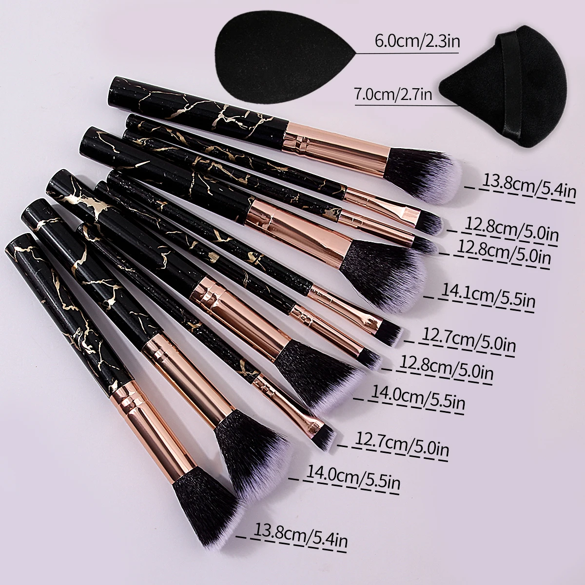 Conjunto de pincéis de maquiagem de alta qualidade, 14 peças, incluindo conjunto de pincéis faciais com textura de mármore e conjunto de sopro de pó de esponja de maquiagem sem entupimento