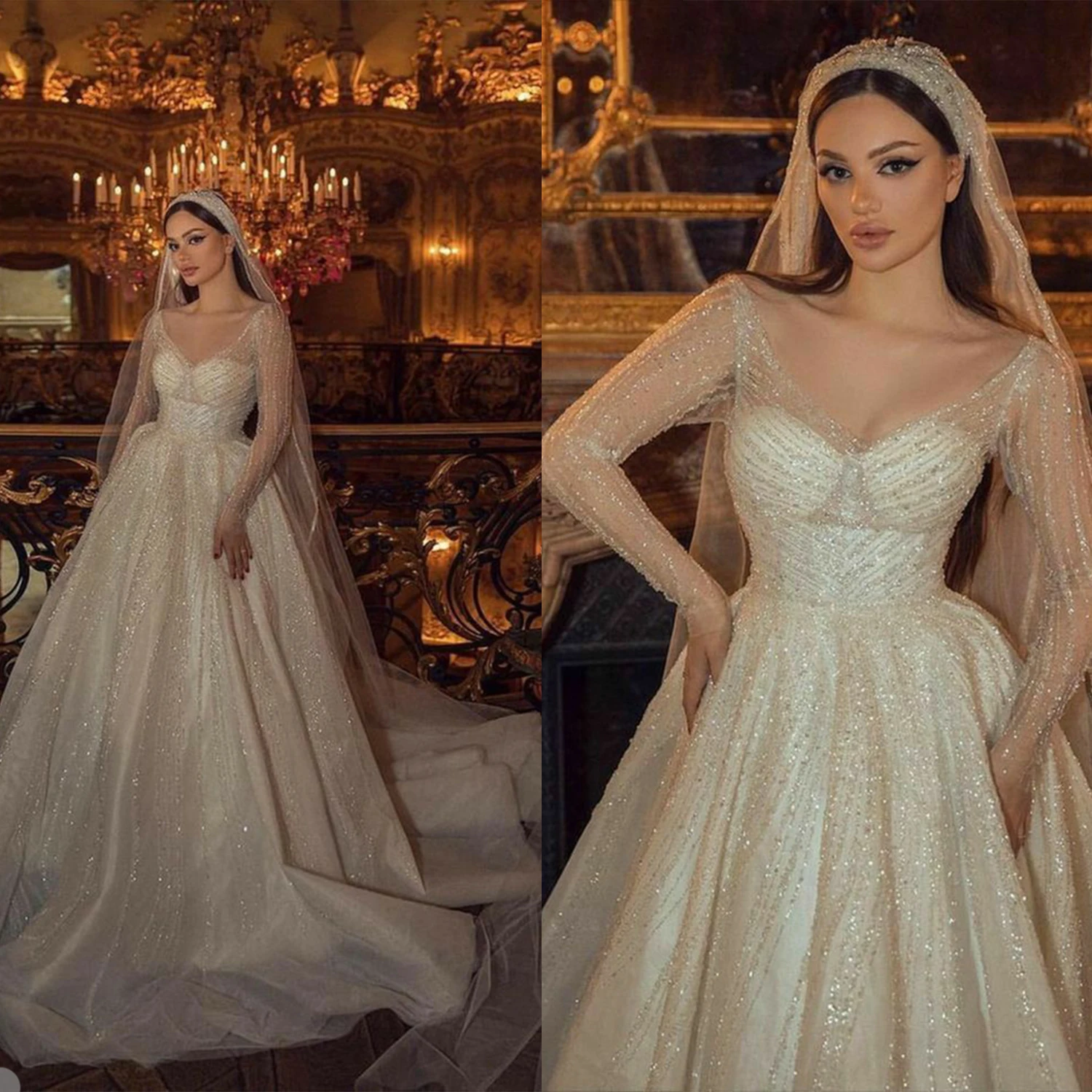 Elegant Sequined Wedding Dresses A Line V Neck Long Sleeve Summer Beach Bridal Gowns Sweep Train Illusion Bride Dress