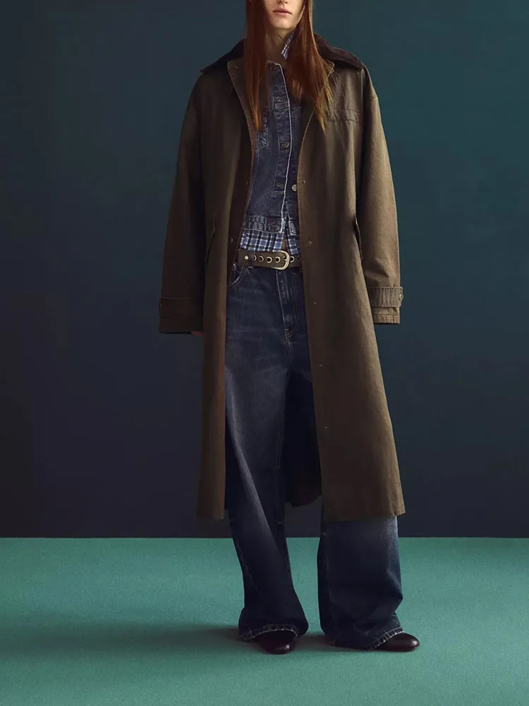 

Autumn New Arrival Women's Long Sve Turn-down Collar Single Button Wax Effect Midi Length Coat Casual Loose Fit Commute Sle
