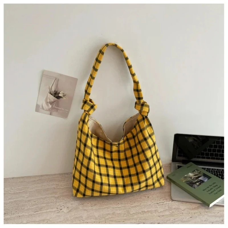 Women Summer Checkered Shoulder Bag Soft Canvas Large Capacity Tote Handbag Vintage Grid Daily Commute Beach Vacation Trendy