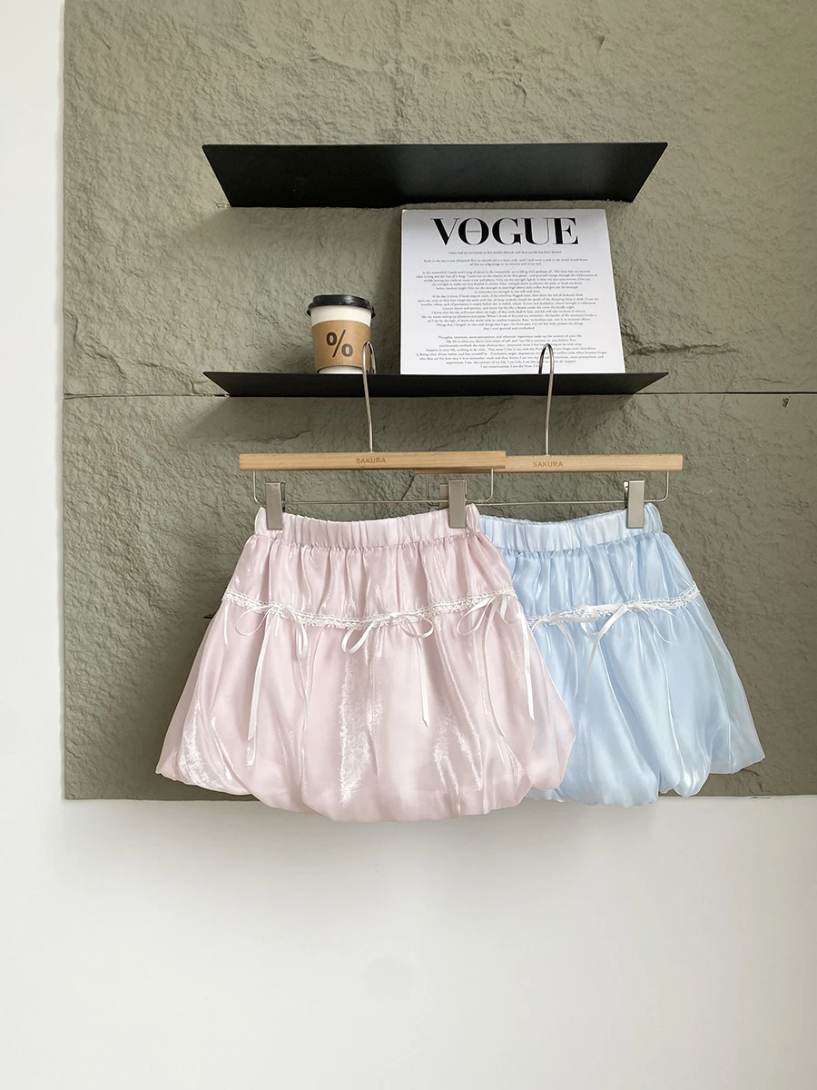 ผู้หญิงฤดูร้อนหวาน Bowknot Glossy Gauze Bud กระโปรงเลดี้น่ารักน่ารักสูงเอว Line Puffy กระโปรงสั้น