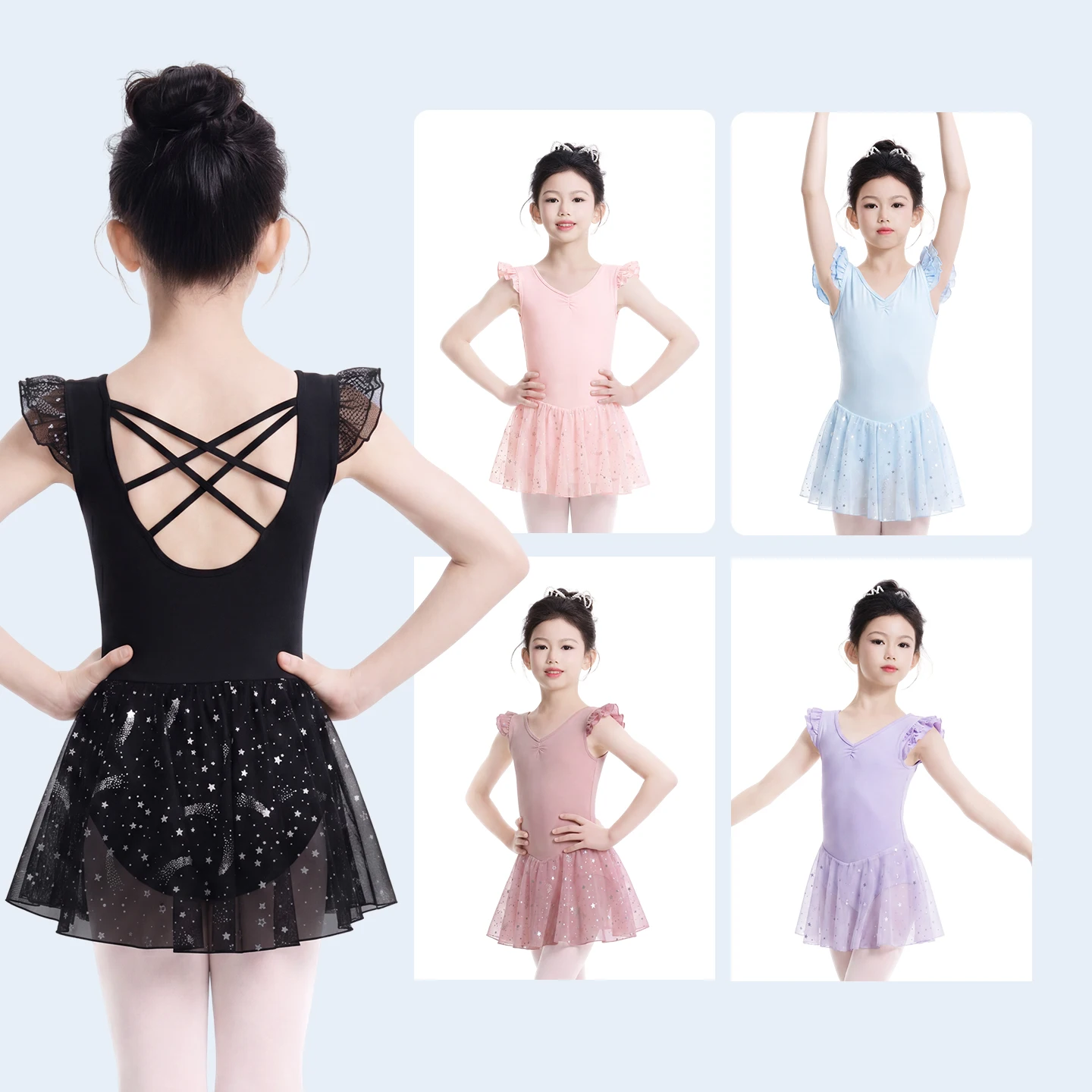 Girls Flutter Sleeve Ballet Dress Cross Back Dance Leotard with Sparkle Sequins Chiffon Tutu Skirt Gymnastics Dance Costume