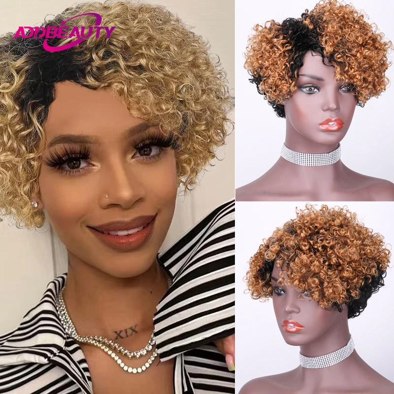 Addbeauty Fashion Short Curly Human Hair Wigs for Women Pixie Cut Wwater Wave Bob Wig Human Hair Side Part Glueless Wig Ombre