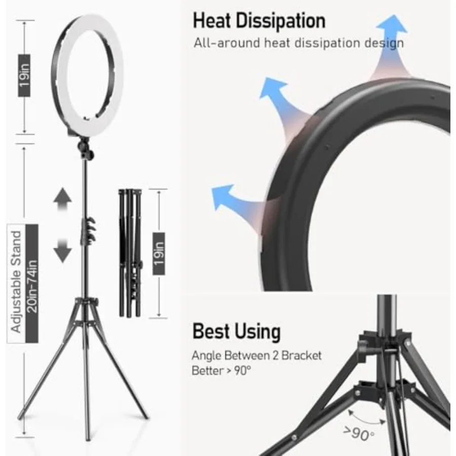 Anello luminoso a LED da 19 pollici con supporto regolabile e display LCD per riprese video professionali Ritratto di trucco Vlog e app selfie