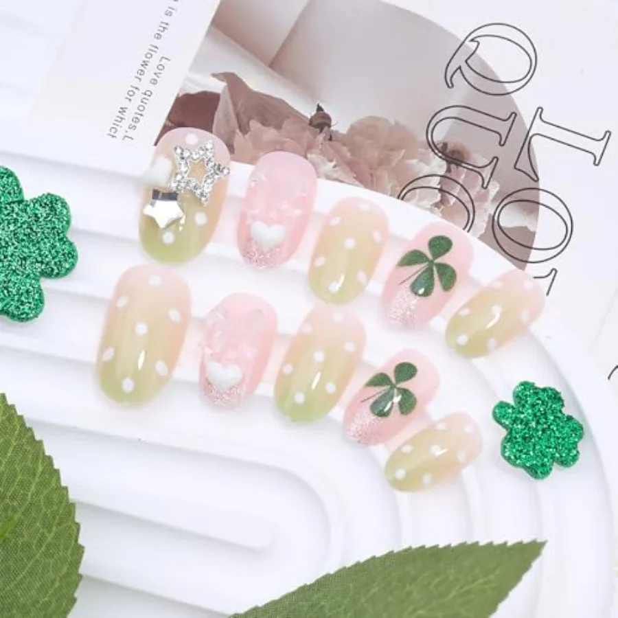 24Pcs Almond Press on Nails Short St Patricks Day Fake Nails with 3D Heart Bow Star Designs Glitter Green Shamrock False Nail W view 2