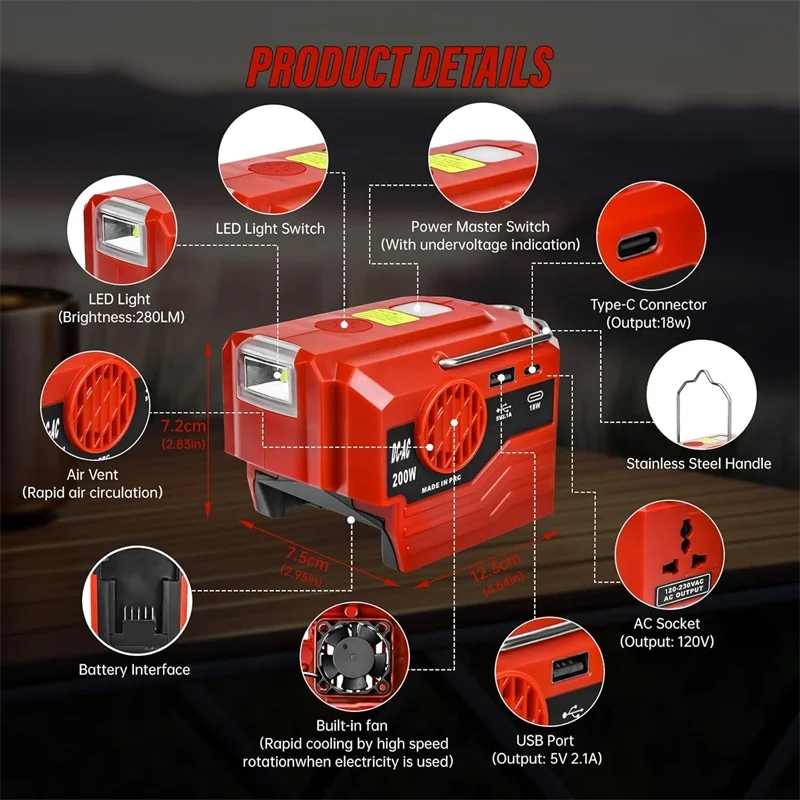 عاكس طاقة 200 وات لبطارية ميلووكي 18 فولت مع مخرج تيار متردد 110 فولت ~ 220 فولت مصدر طاقة للسفر في الهواء الطلق في حالات الطوارئ