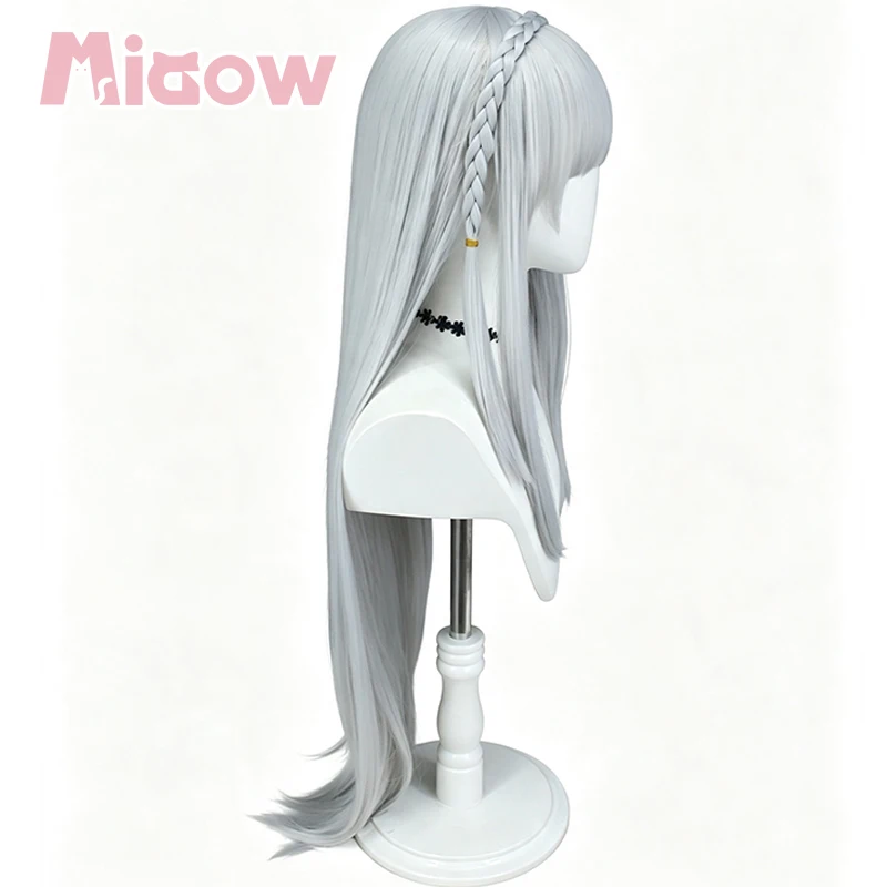 Anime 'Re:Zero'Emilia Cosplay Wig, Pre‑Styled Silver‑Grey 100cm Long Straight Wig with Braid Headband for Halloween Cosplay 5