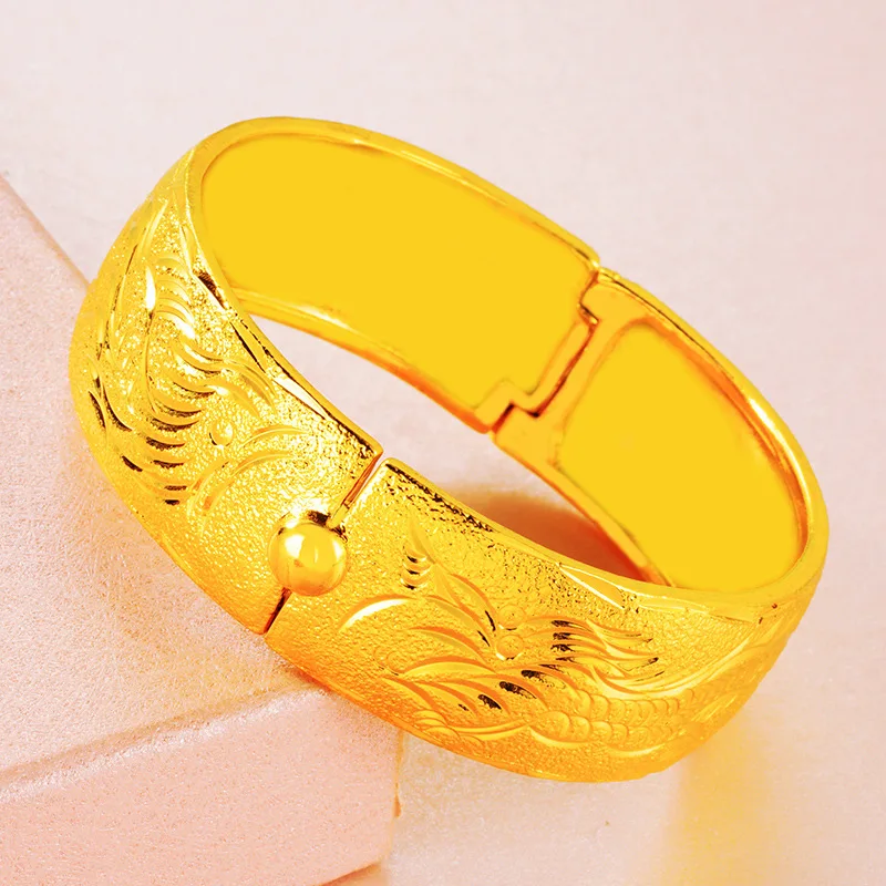 Oriental Trend Solid Gold Jewelry For Women 24K Gold AU999 Exclusive 20mm wide dragon phoenix wedding bangle national tide craft