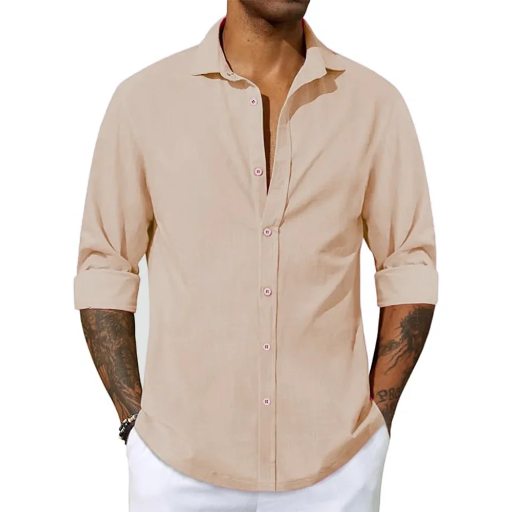 Summer Beach Shirts Men\'s Cotton Linen Lightweight Breathable Shirts Casual Button Down Long Sleeve Solid Shirt Turn Down Collar