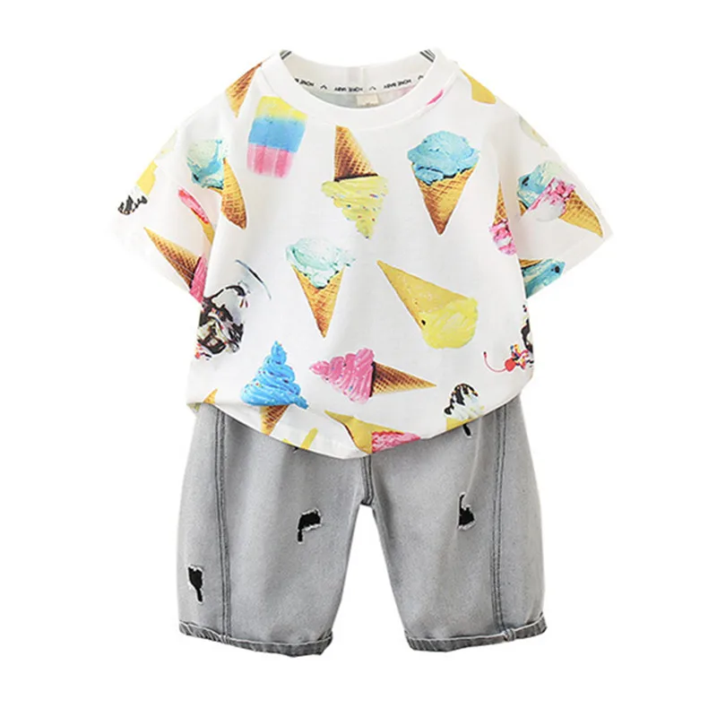 

New Summer Cotton Boys Clothes Suit Kids Dopamine Color T-Shirt Tops Denim Shorts 2pcs Sets Fashion Children Outfit 2-11 Years