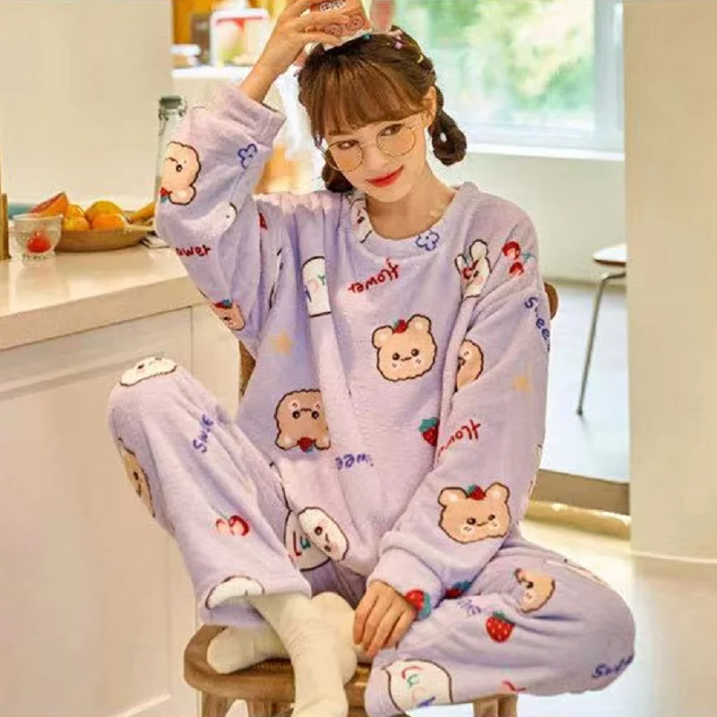 Cute Plush Long Coral Velvet Pajamas Fashion Soft Thickened Winter Pajama Set Stylish For Autumn And Winter Homewear New 2024