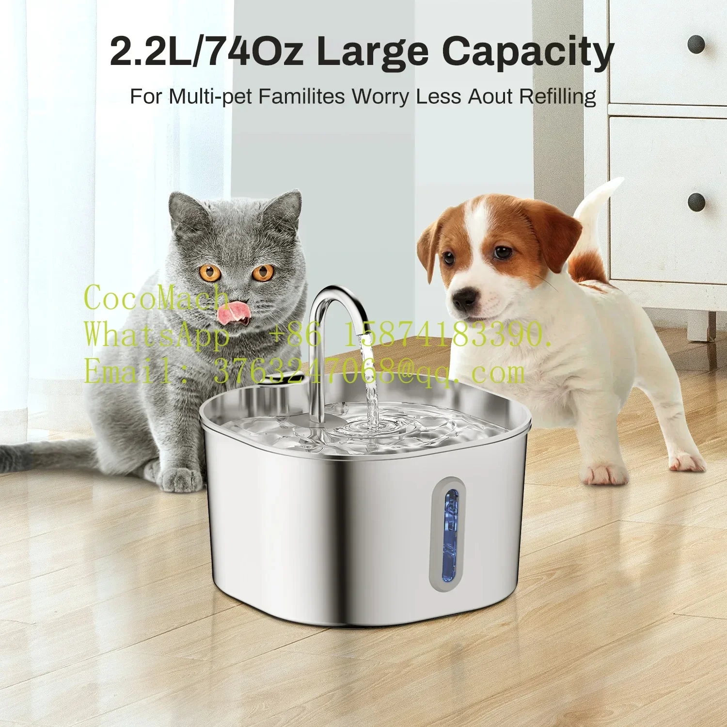 2.2L Automatic Cat Water Fountain Square Stainless Steel Pet Water Feeder Dog Fountain
