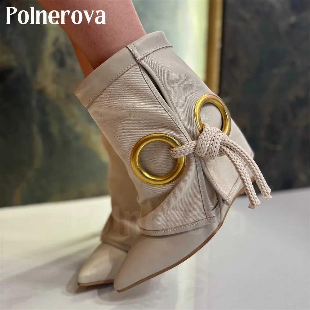 

Женские ботильоны на танкетке с круглыми пряжками и веревочными элементами, модные, с отворотом, из канваса и кожи, с острым носком, ручной работы