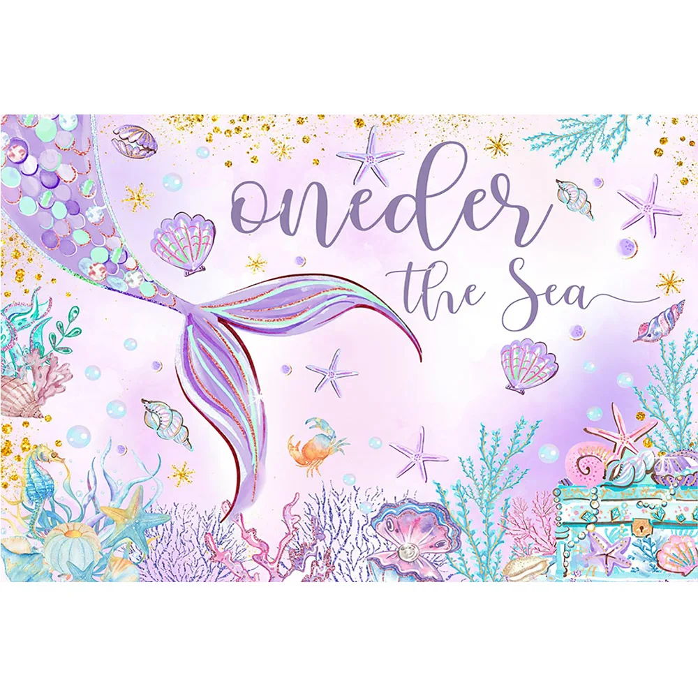 Фон для фотосъемки «Русалка один день рождения», акварель, хвост русалки, Коралловая раковина, Детские принадлежности для дня рождения