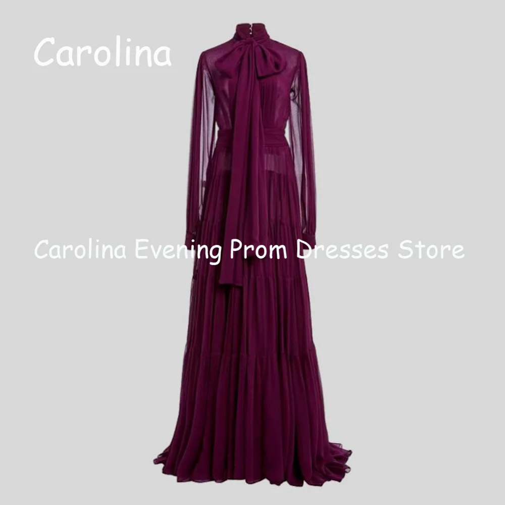 Carolina Chiffon A-line O-neck Bow Arab Ruffle Prom Gown Floor Length Saudi Evening Formal Elegant Party Dress for Women 2023