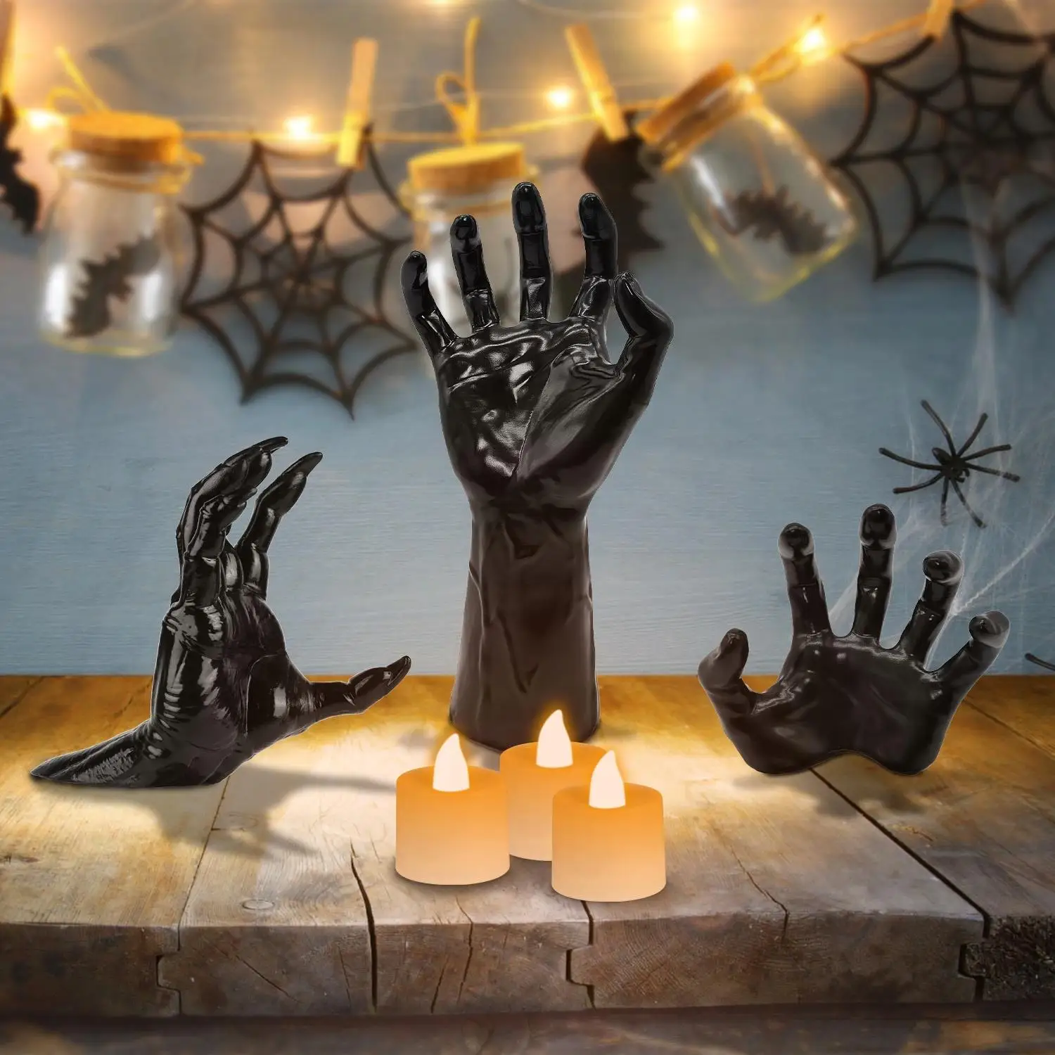 3Pcs Creepy Reaching Hands Decor with Lighted Candles - Wall Mounted Halloween Witch & Devil Aesthetic Gothic Sculpture