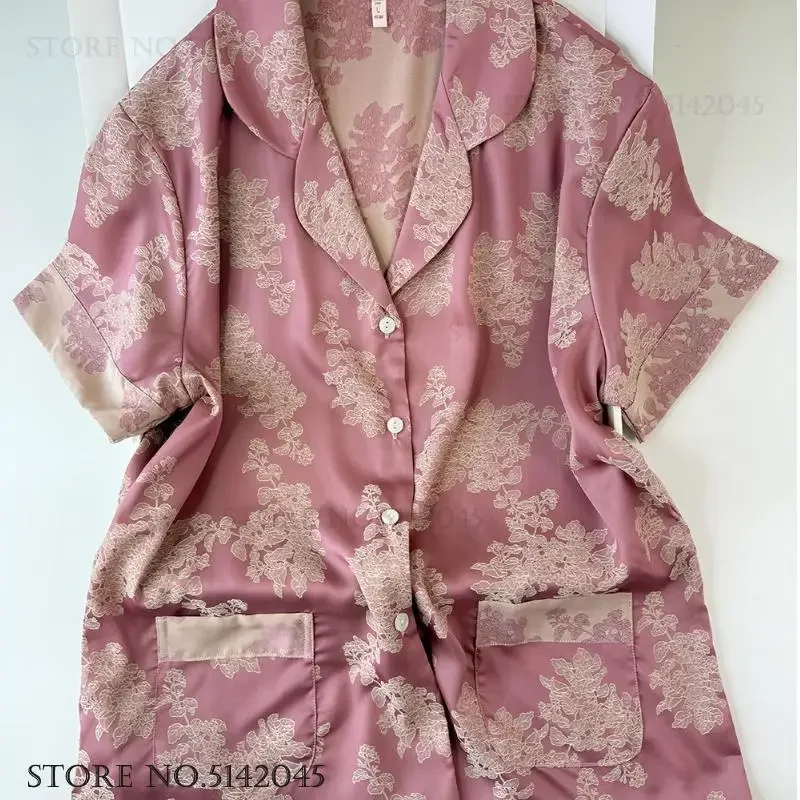

Women's 2Pcs Pajamas Set Loungewear Chinese Style Print Flower Short Sleeve Trouser Pijamas Suit Nightwear Loose Homewear Pyjama