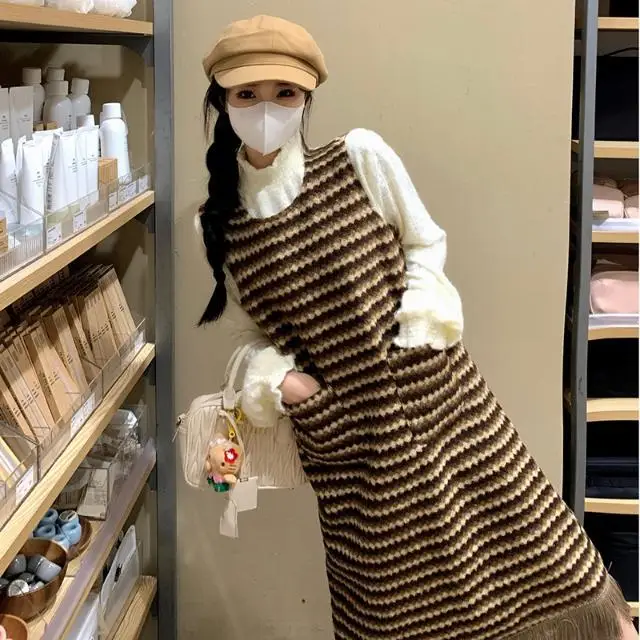 

Two-Piece Tassel Striped Sleeveless Suspender Dress White Bottoming Long-Sleeved Top Women Autumn Winter New Korean Style Suit