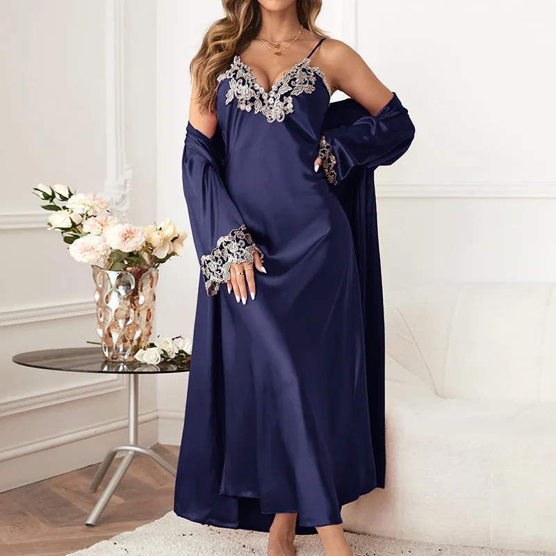 --Spring and summer sexy embroidered edge suspender skirt robe two-piece set women's ice silk long nightdress lace-up bathrobe