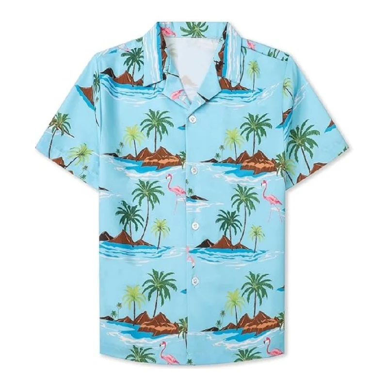 Literary Forest Bamboo Leaf Flamingo Printed Short Sleeved Shirt for Men's Summer Thin, Loose, Couple Travel Versatile Top