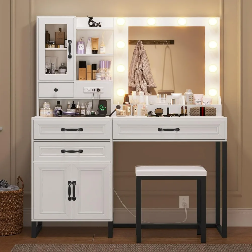 Makeup Vanity Desk with Mirror and Lights & Stool, Glass Top Vanity Table Set with Charging Station, 4 Stoarge Drawers & Double