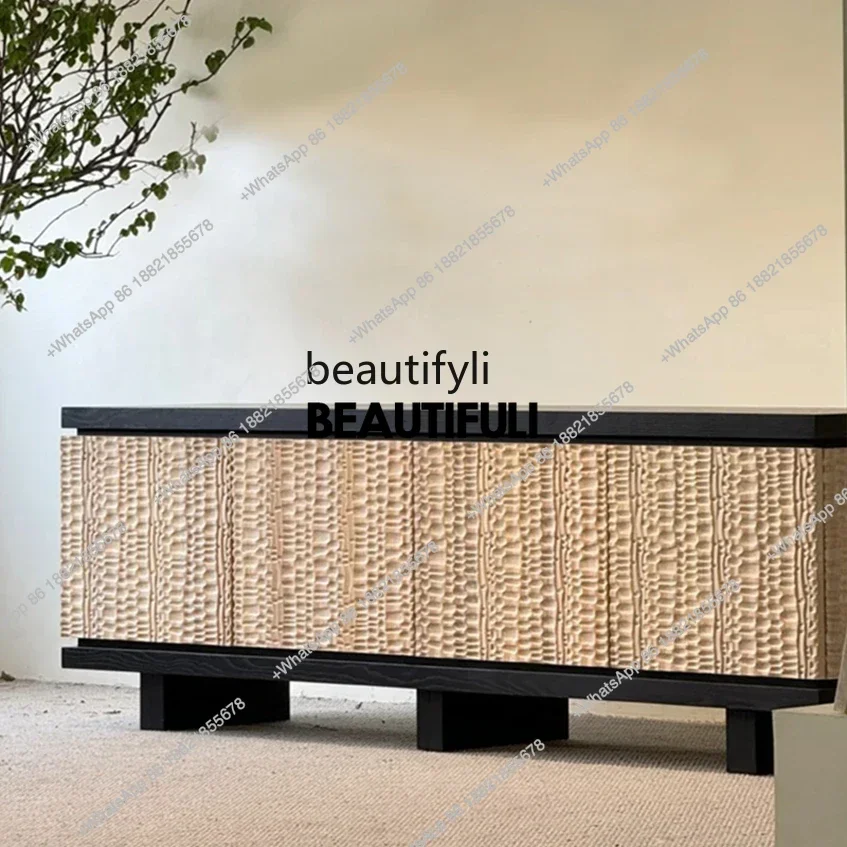 

ss8350 Medieval solid wood dining side cabinet, retro silent TV cabinet, black walnut dining Italian simple side cabinet