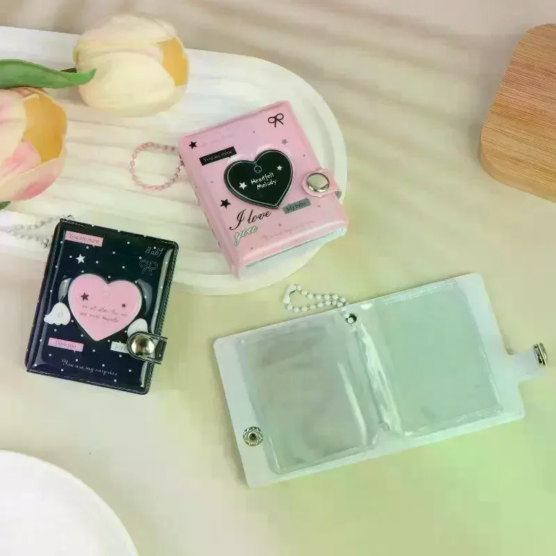 Korean Cute Heart Mini Photocard Album 32 Pockets Portable Kpop Photocard Holder Keychain Collect Book Backpack Decor Gifts