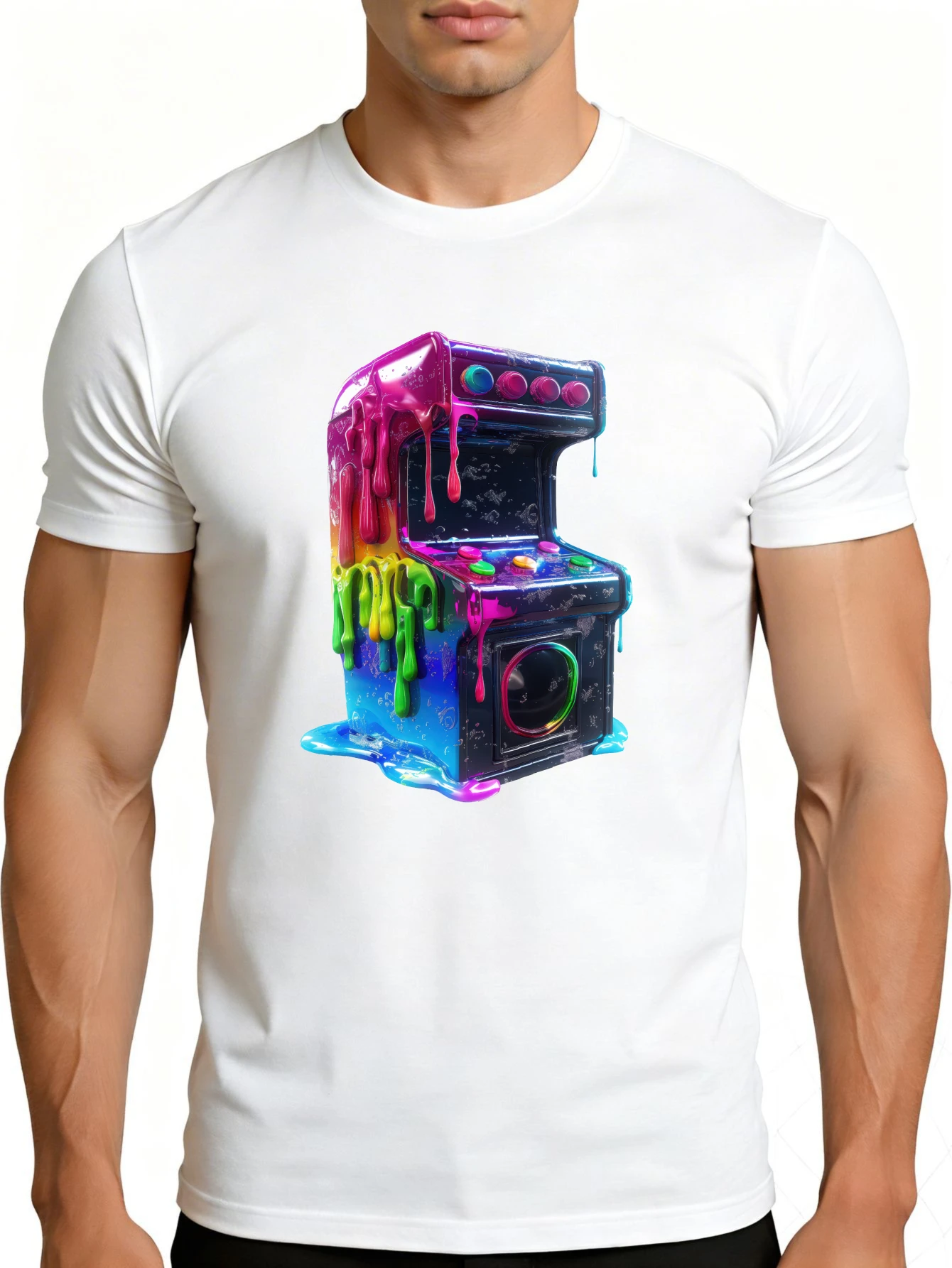 Retro Arcade Game Design Men's T-Shirt Colorful Paint Drip Art Summer Casual Wear Gift for Gamers and Tech Enthusiasts