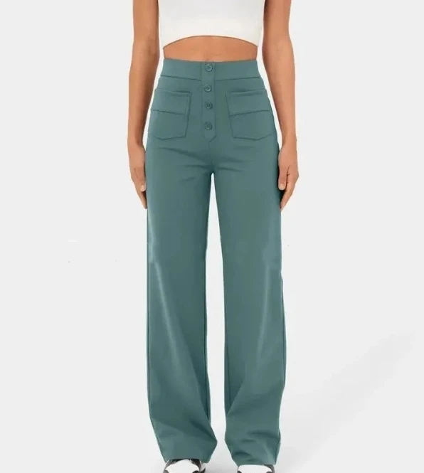 

Women's Pants Casual Fashion Summer Solid Color High Waist Button Pocket Design Straight Leg Trousers Skinny Elastic Pants