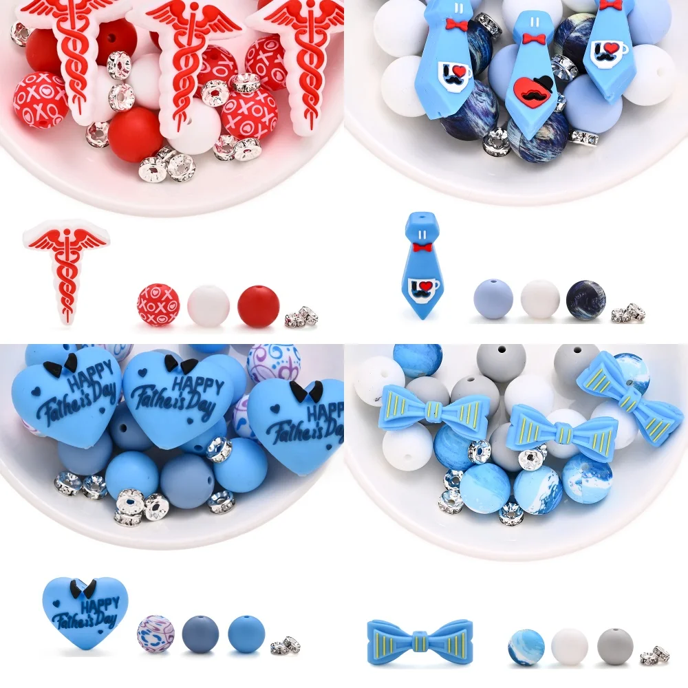 15/75pcs Father's Day Series Silicone Beads Blue Color Mix Round Beads For DIY Pacifier Chain Keychain Pen Accessories