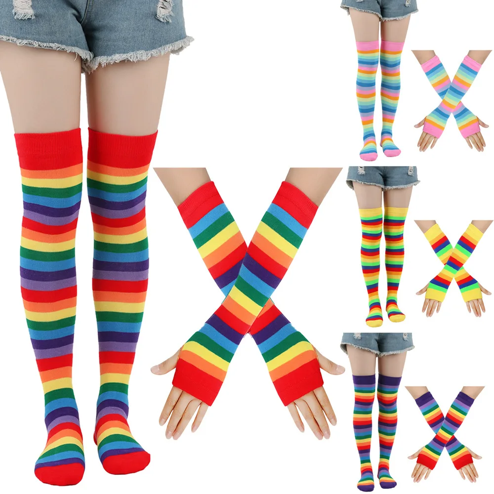 2Pair/Set Women Gothic Punk Over Knee Long Stripe Socks Girl Arm Sleeve Gloves Thigh High Hosiery Sweet Cute Christmas Gift