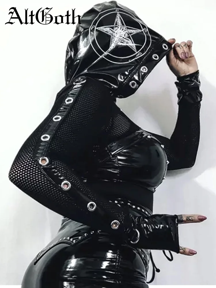 

AltGoth Grunge Punk Fishnet Zip Up Cardigans Mall Gothic Faux Pu Hooded Crop Jackets Women Sexy Streetwear Club Alt Smock Tops