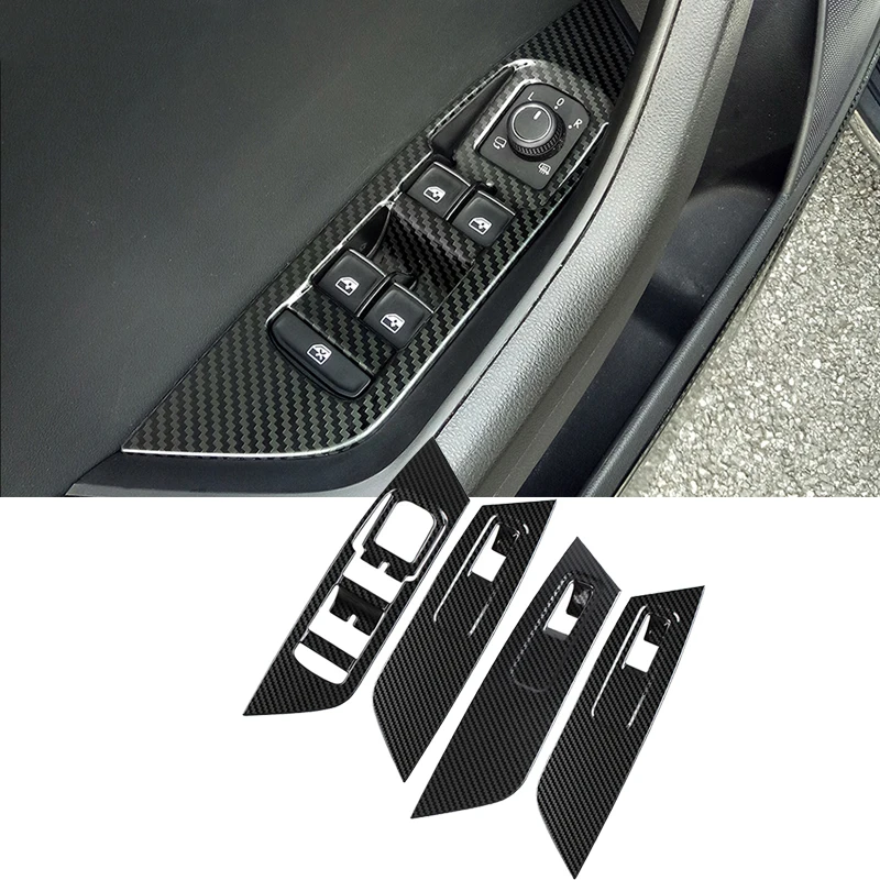 Dla Skoda Kodiaq 2018 2019 2020 2021 2022 Akcesoria samochodowe Wykończenie wnętrza Sterowanie podnoszeniem szyby Pokrywa w stylu włókna węglowego