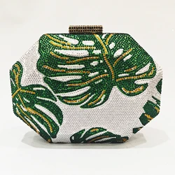 White Green Leaf Diamond Evening Bag ForCrystal Gold Wedding Prom Clutches Formal Lady Rhinetone Shoulder Handbags Party Clutch