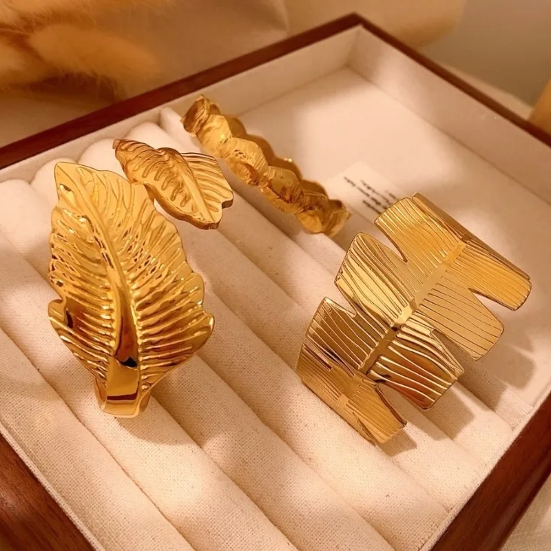 Chunky Monstera Leaf Cuff Bracelet Set, 18K Gold Plated Palm Bangle Boho Jewelry for Women