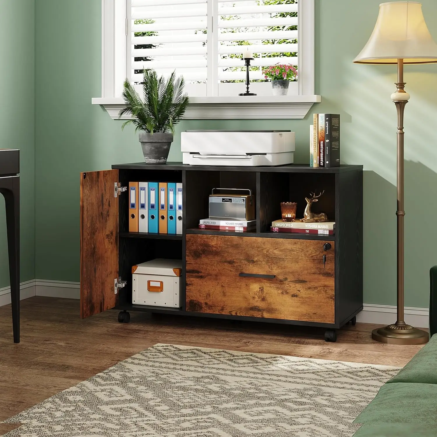 1-Drawer Rolling File Cabinet with Lock, Wooden Home Office Printer Stand, Mobile Storage Solution